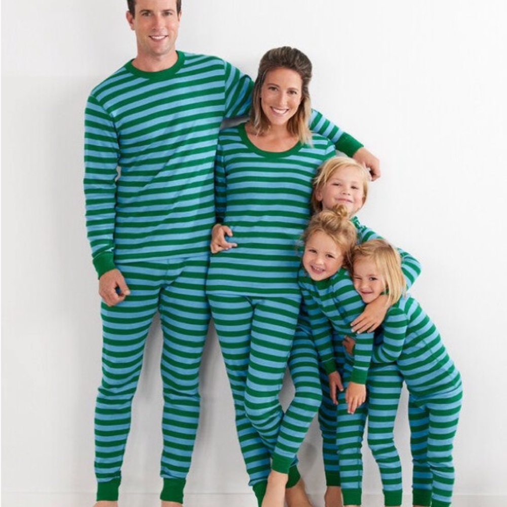 NWT Adult / Teen Organic Cotton Hanna Andersson Mens Green Blue Striped 2-pc PJ
